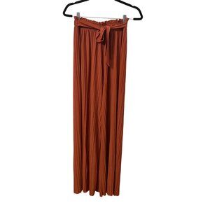 Chic Pleated Wide-Leg Rust Pants With Elastic Waist & Tie Belt Womans Size Large